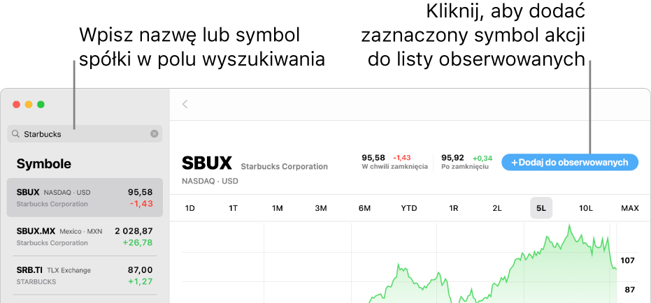 Okno aplikacji Giełda z widocznym polem wyszukiwania, listą wyników wyszukiwania oraz przyciskiem Dodaj do obserwowanych.