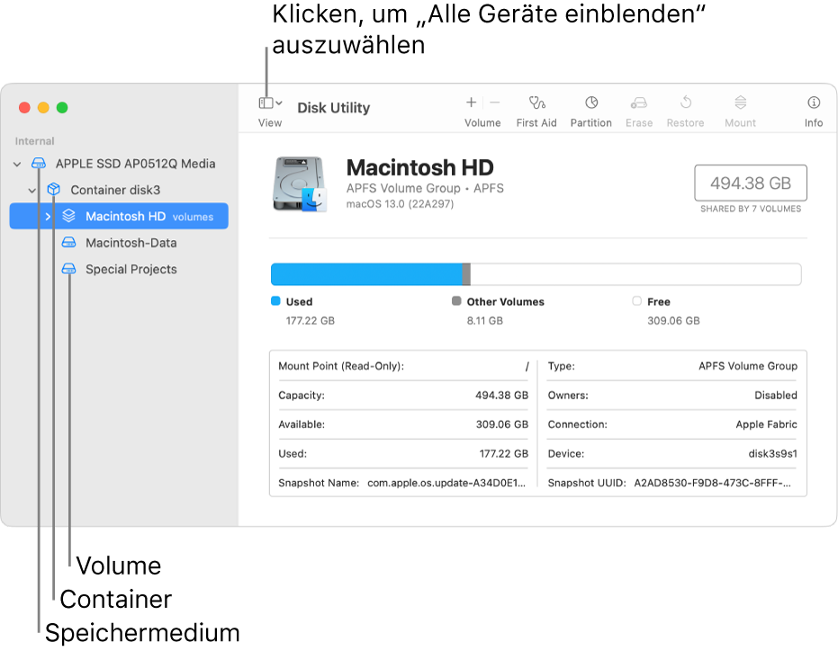 Fenster des Festplattendienstprogramms zeigt in der Darstellung „Alle Geräte einblenden“ drei Volumes, einen Container und ein Speichergerät.