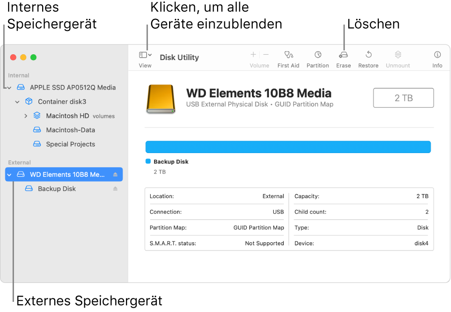 Fenster des Festplattendienstprogramms in der Darstellung „Alle Geräte einblenden“ mit zwei Speichergeräten.