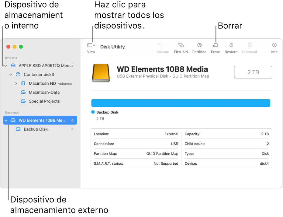 Una ventana de Utilidad de Discos con dos dispositivos de almacenamiento en la vista “Mostrar todos los dispositivos”.