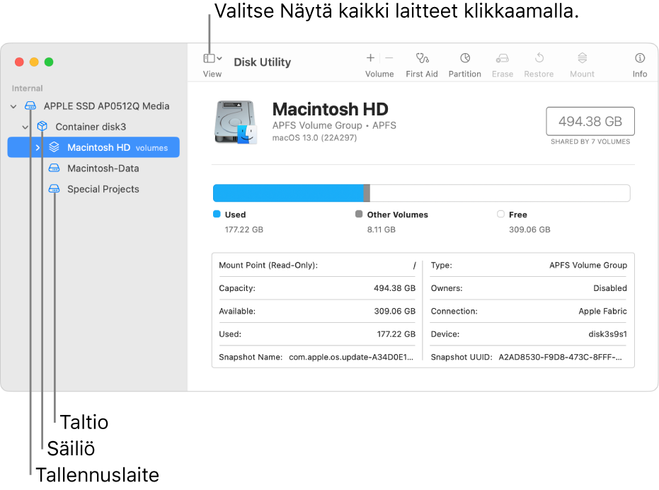 Levytyökalu-ikkuna, jossa näkyy kolme taltiota, säiliö ja tallennuslaite Näytä kaikki laitteet -näkymässä.