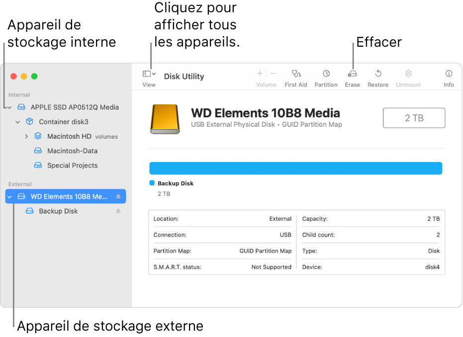 Une fenêtre Utilitaire de disque qui affiche deux appareils de stockage en présentation Afficher tous les appareils.