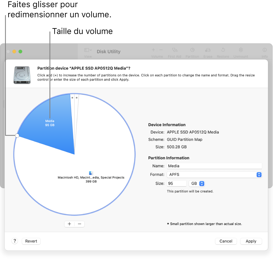 La fenêtre Partitions affiche un disque physique avec plusieurs partitions.