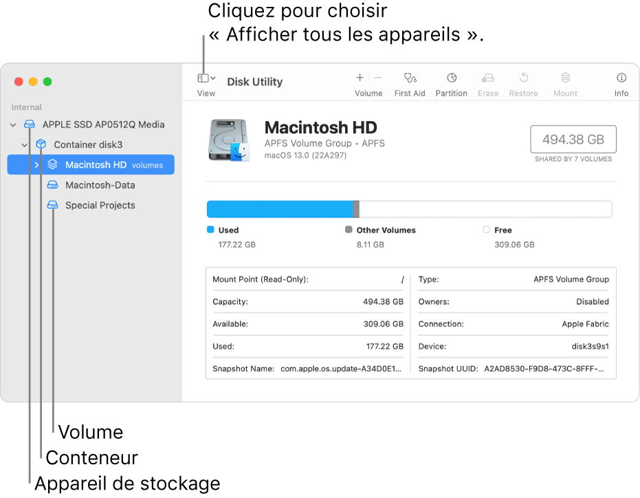 Fenêtre Utilitaire de disque affichant trois volumes, un conteneur et un appareil de stockage en présentation Afficher tous les appareils.