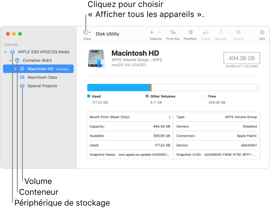 Une fenêtre Utilitaire de disque en présentation « Afficher tous les appareils ».