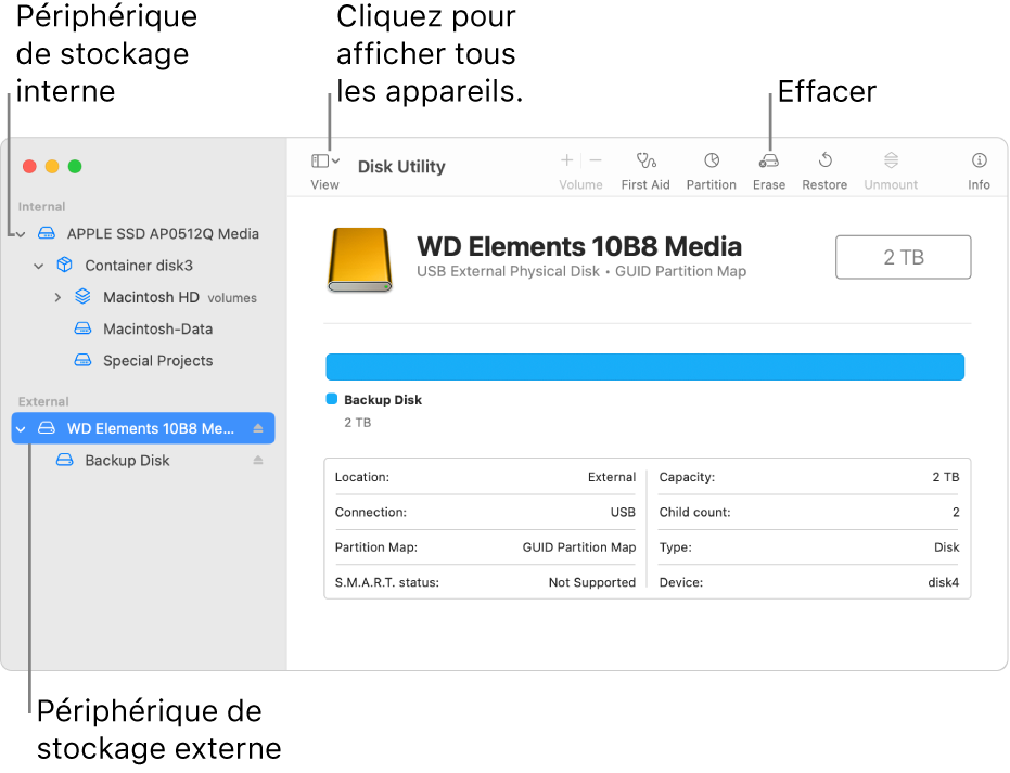 Une fenêtre Utilitaire de disque affichant deux périphériques de stockage en présentation « Afficher tous les appareils ».