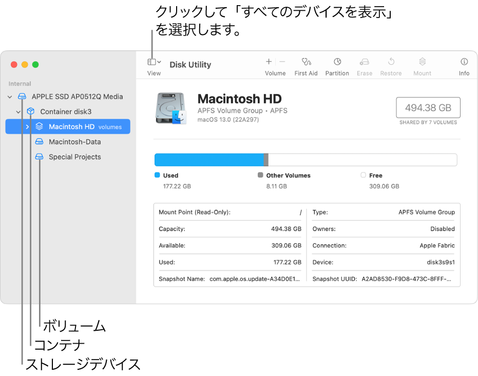 「ディスクユーティリティ」ウインドウ。「すべてのデバイスを表示」で3つのボリューム、1つのコンテナ、1台のストレージデバイスが表示されています。
