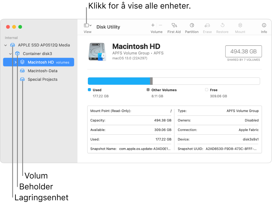 Et Diskverktøy-vindu som viser tre volumer en beholder og en lagringsenhet i Vis alle enheter-vinduet.