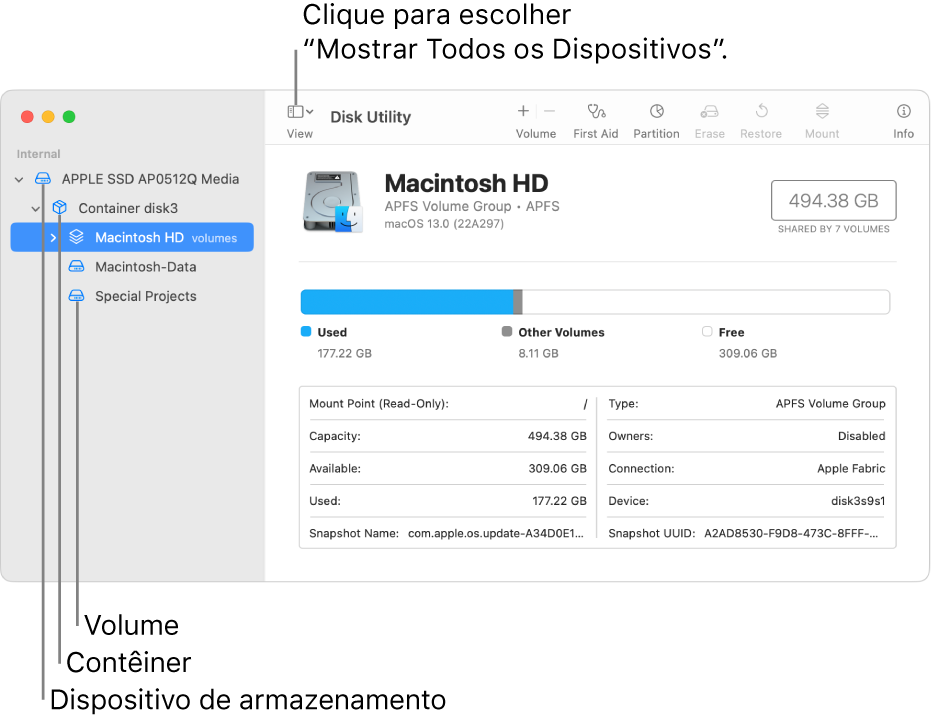 Uma janela do Utilitário de Disco mostrando três volumes, um contêiner e um dispositivo de armazenamento na visualização Mostrar Todos os Dispositivos.