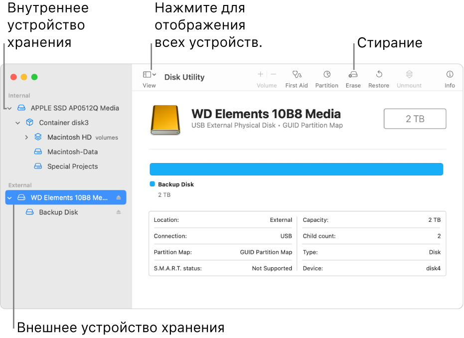 Окно Дисковой утилиты в режиме «Показывать все устройства». Показаны два устройства хранения.