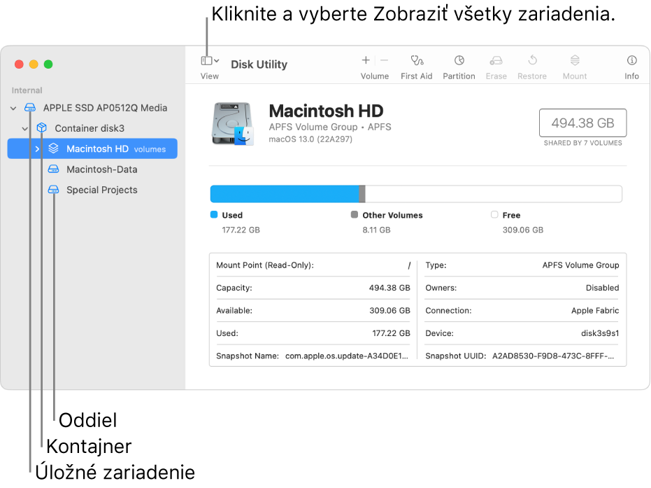 Okno Diskovej utility zobrazujúce tri oddiely, kontajner a úložné zariadenie v zobrazení Zobraziť všetky zariadenia.