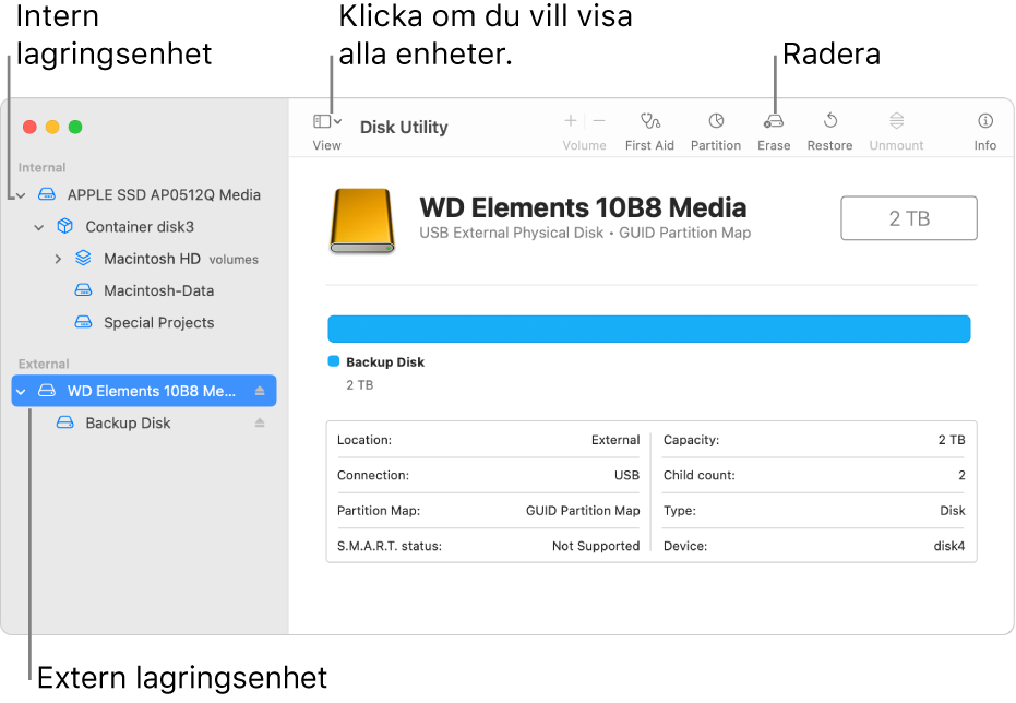 Ett fönster i Skivverktyg med två lagringsenheter i vyn Visa alla enheter.