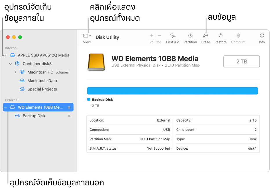 หน้าต่างยูทิลิตี้ดิสก์ที่แสดงอุปกรณ์จัดเก็บข้อมูลสองอุปกรณ์ในมุมมองแสดงอุปกรณ์ทั้งหมด