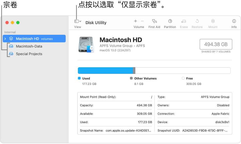 仅显示宗卷视图下的“磁盘工具”窗口。