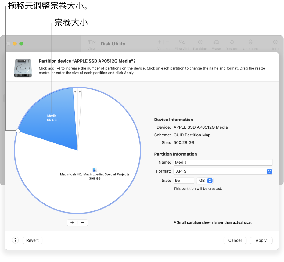 “分区”窗口显示包含多个分区的物理磁盘。