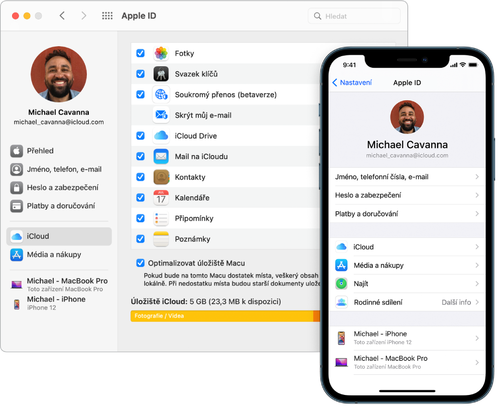 Nastavení iCloudu na iPhonu a vedle Mac s oknem iCloudu