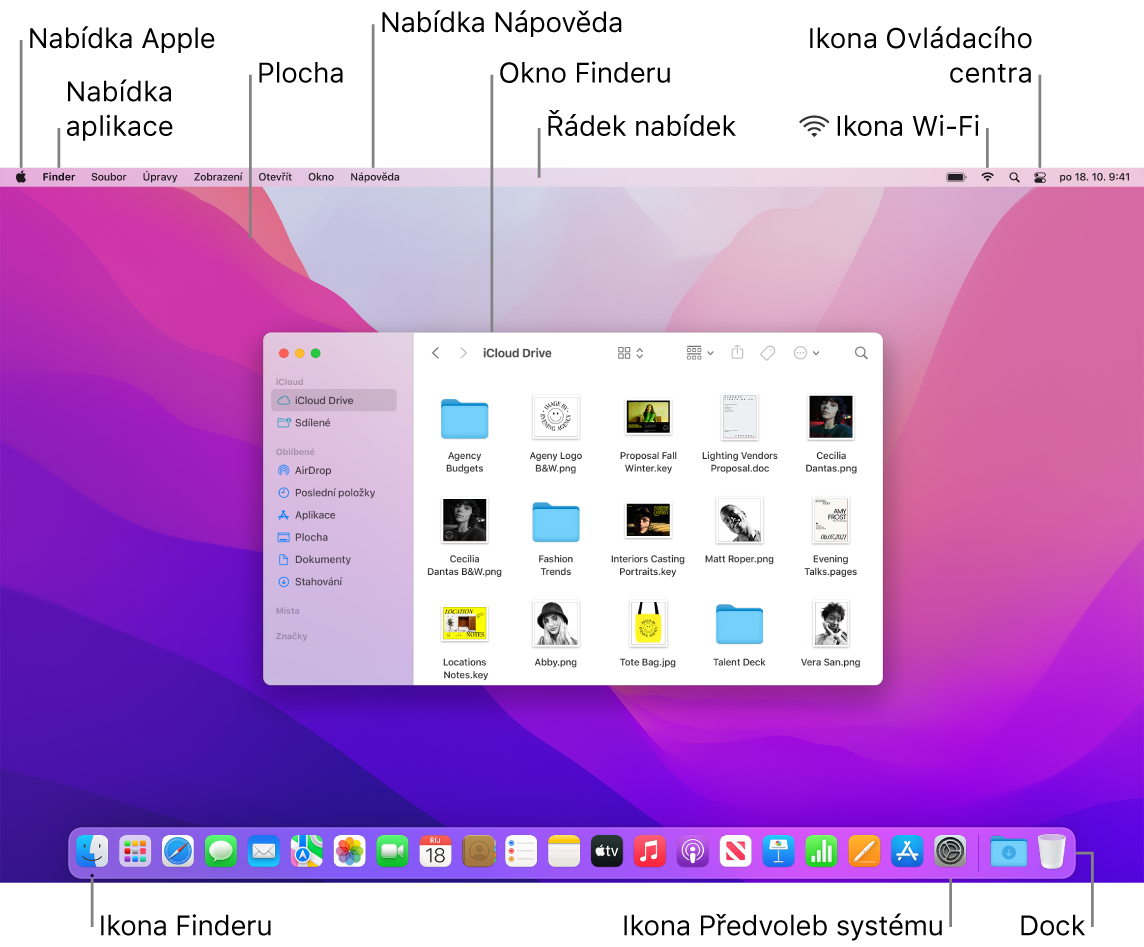 Obrazovka Macu, na níž je vidět nabídka Apple, nabídka aplikace, plocha, nabídka Nápověda, okno Finderu, řádek nabídek, ikona Wi‑Fi, ikona Ovládacího centra, ikona Finderu, ikona předvoleb systému a Dock