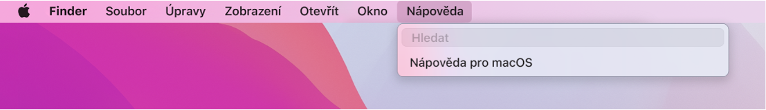 Část plochy s otevřenou nabídkou Nápověda, obsahující volby Hledat a Nápověda pro macOS