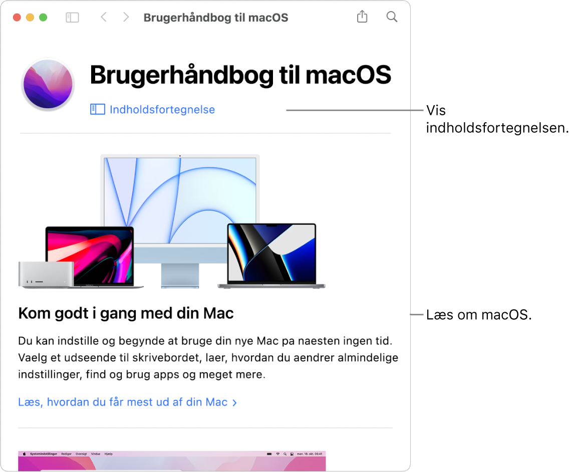 Velkomstsiden i Brugerhåndbog til macOS, der viser linket Indholdsfortegnelse.