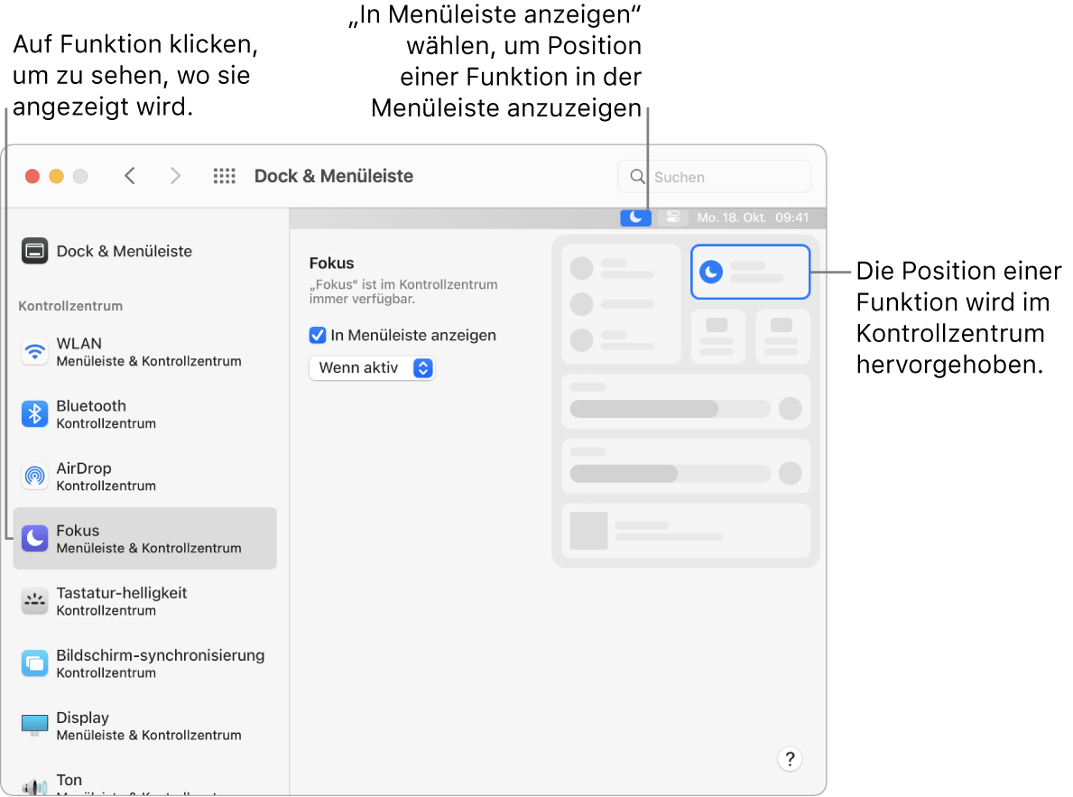 Das Fenster der Systemeinstellung „Dock & Menüleiste“ mit Beschriftungen für Fokus und den optionalen Einstellungen und Ergebnissen für die Funktion.