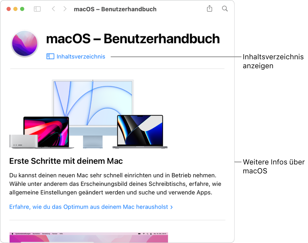 Die Startseite des macOS – Benutzerhandbuchs mit dem Link zum Inhaltsverzeichnis