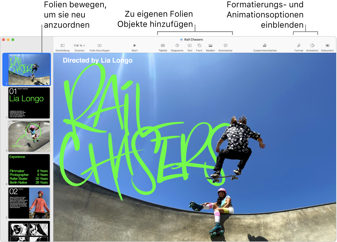 Ein Keynote-Fenster mit dem Foliennavigator links und Informationen zum Neuanordnen von Folien, der Symbolleiste und die Bearbeitungswerkzeugen oben, der Taste „Zusammenarbeiten“ oben rechts und den Tasten „Format“ und „Animieren“ rechts.
