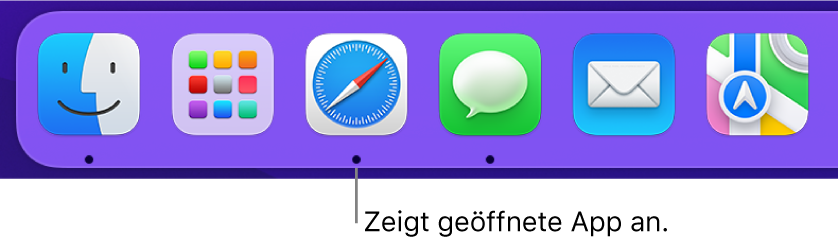 Ein Ausschnitt des Docks, in dem schwarze Punkte unter geöffneten Apps angezeigt werden.