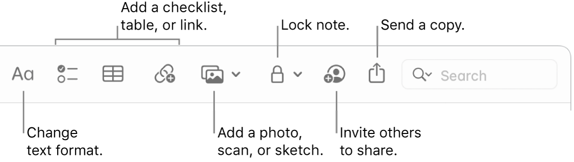 The Notes toolbar with callouts to the text format, checklist, table, link, photos/media, lock, share, and send a copy tools.