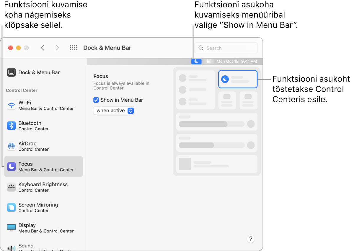 Dock-riba ja aken Menu Bar Preferences koos väljaviikudega jaotisele Focus, lisavalikutele ja funktsiooni tulemustele.