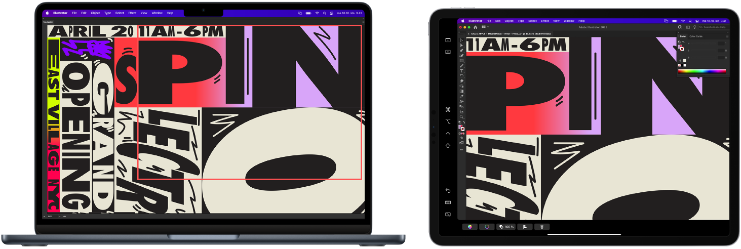 MacBook Air ja iPad ovat vierekkäin. MacBook Airissa näkyy kuva Illustratorin navigointi-ikkunassa. iPadissa näkyy sama kuva Illustratorin dokumentti-ikkunassa, ja sen ympärillä on työkalupalkkeja.