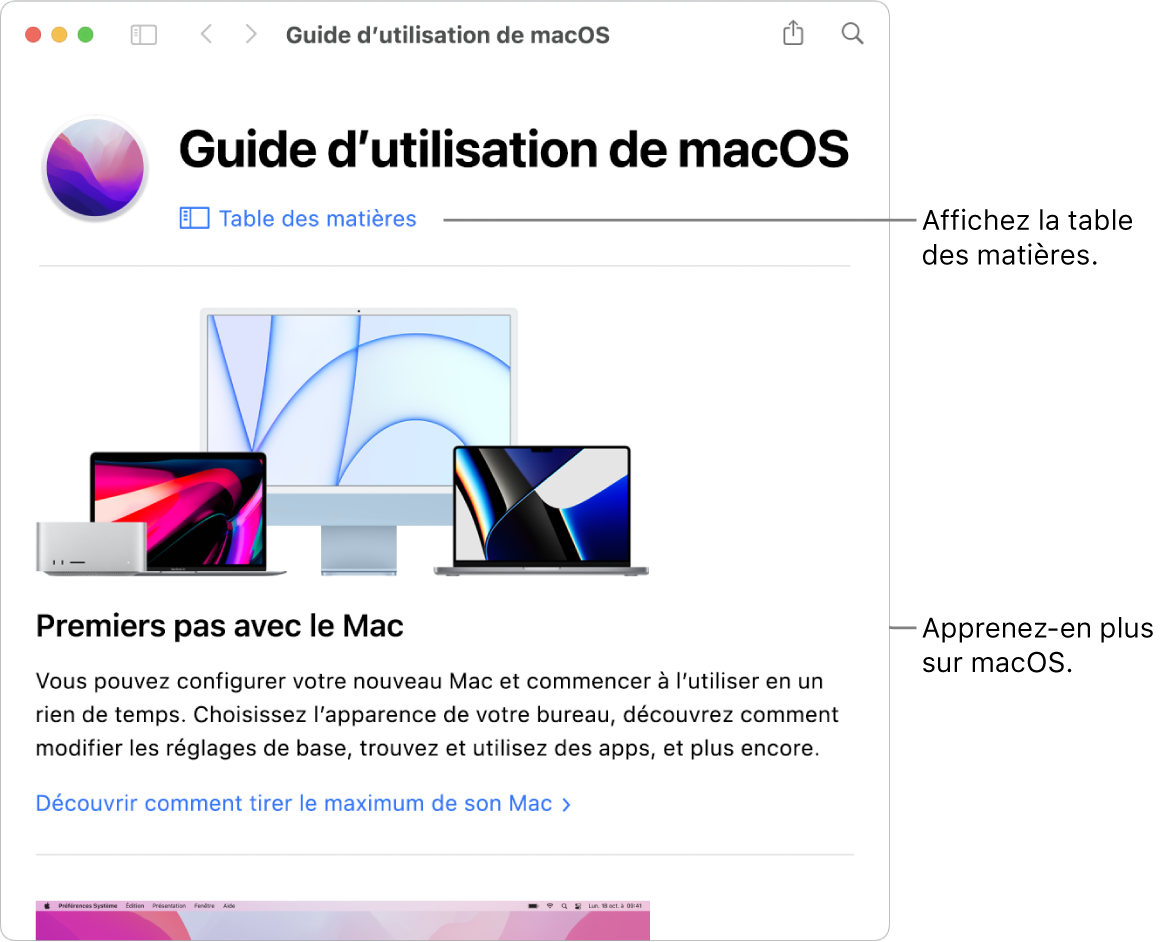 La page d’accueil du guide d’utilisation de macOS présentant le lien Table des matières.