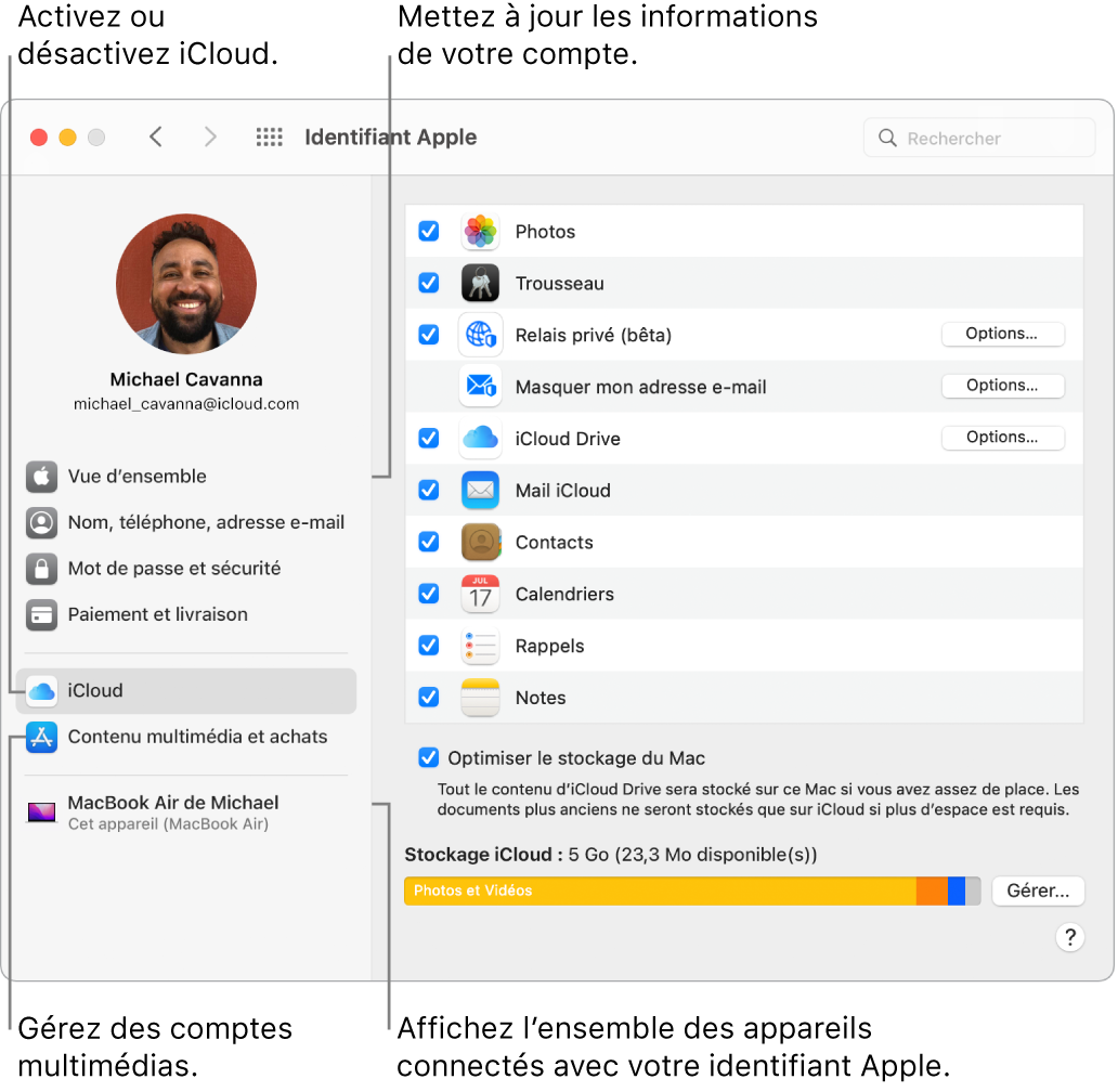 La sous-fenêtre « Identifiant Apple » de « Préférences Système ». Cliquez sur un élément de la barre latérale pour mettre à jour les données de votre compte, activer ou désactiver iCloud, gérer les comptes multimédias et voir tous les appareils connectés avec votre identifiant Apple.