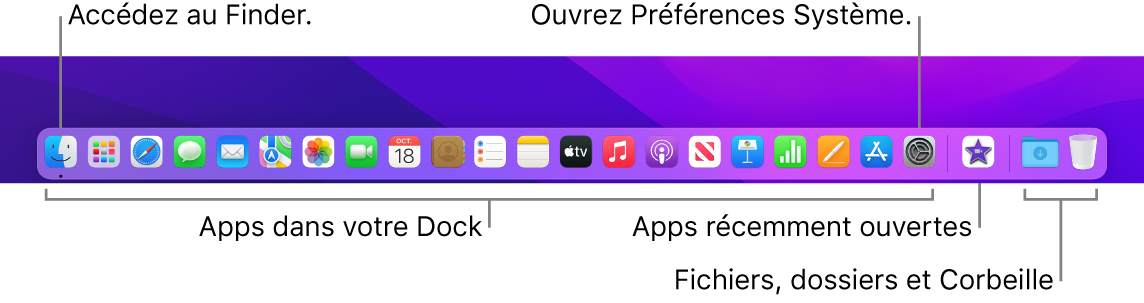 Le Dock affichant le Finder, les Préférences Système et le séparateur dans le Dock qui sépare les apps des fichiers et dossiers.