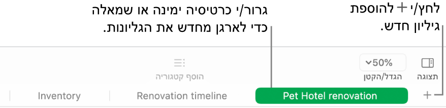 חלון של Numbers המראה כיצד להוסיף גיליון חדש וכיצד לשנות את סדר הגליונות.