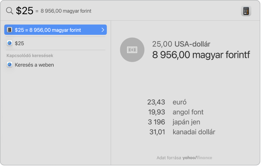 A képernyőképen dollárból pesóba történő átváltás látható az átváltást mutató csúcstalálattal és egyén kiválasztható eredménnyel.