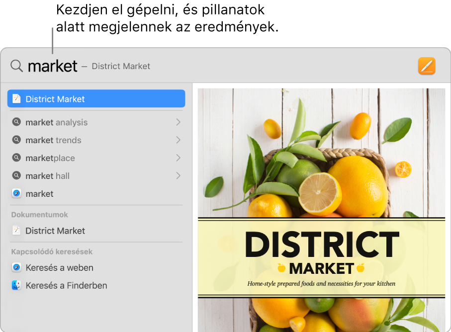 A Spotlight ablaka bal oldalon a keresési eredményekkel.