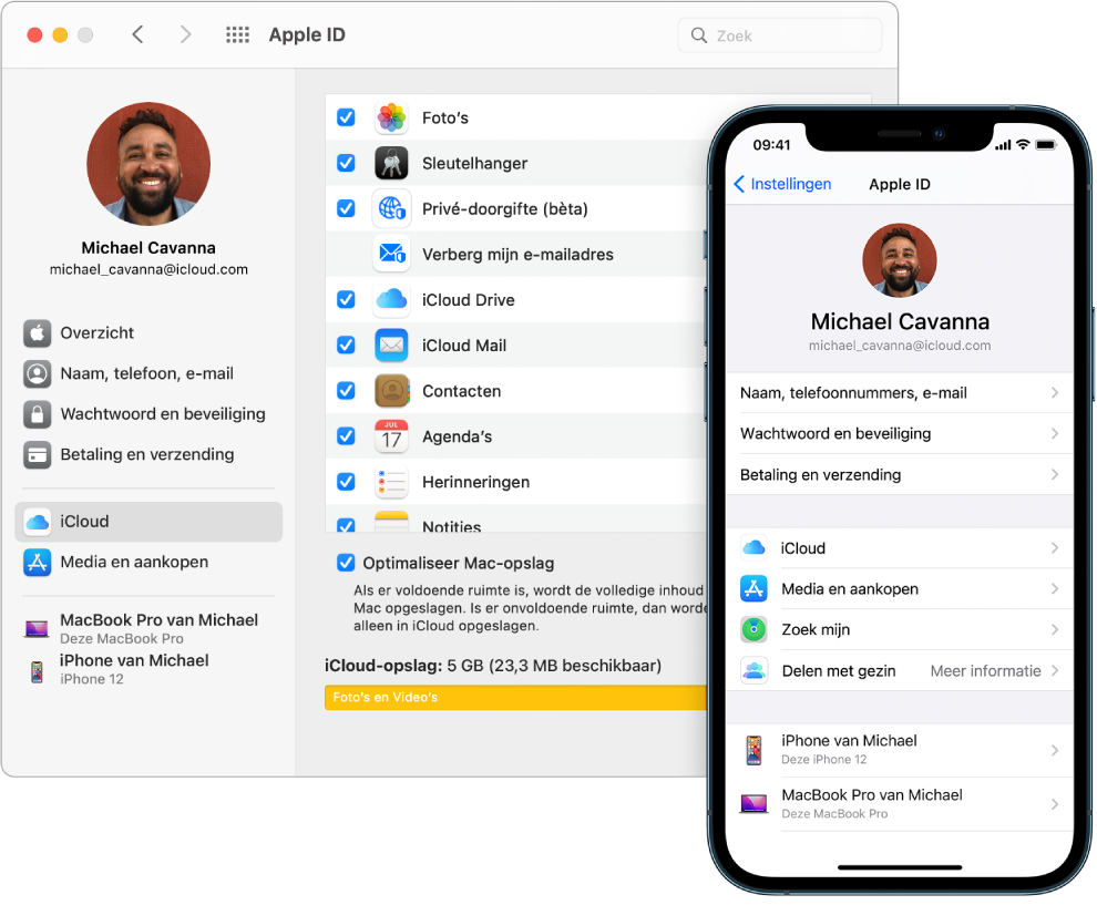 iCloud-instellingen op een iPhone en het iCloud-venster op een Mac.
