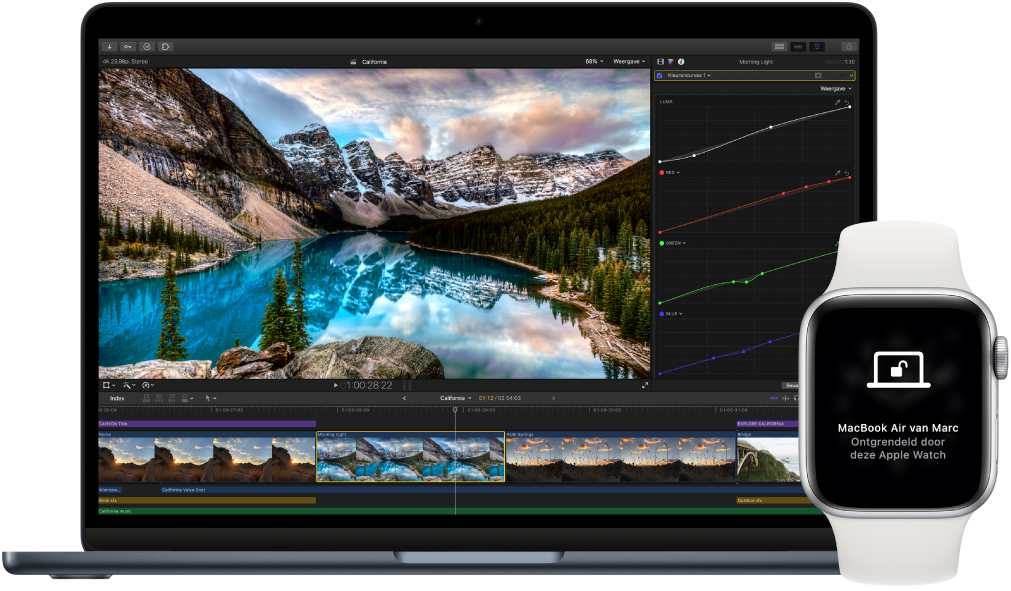 Een MacBook Air naast een Apple Watch met een bericht dat de Mac door het horloge is ontgrendeld.