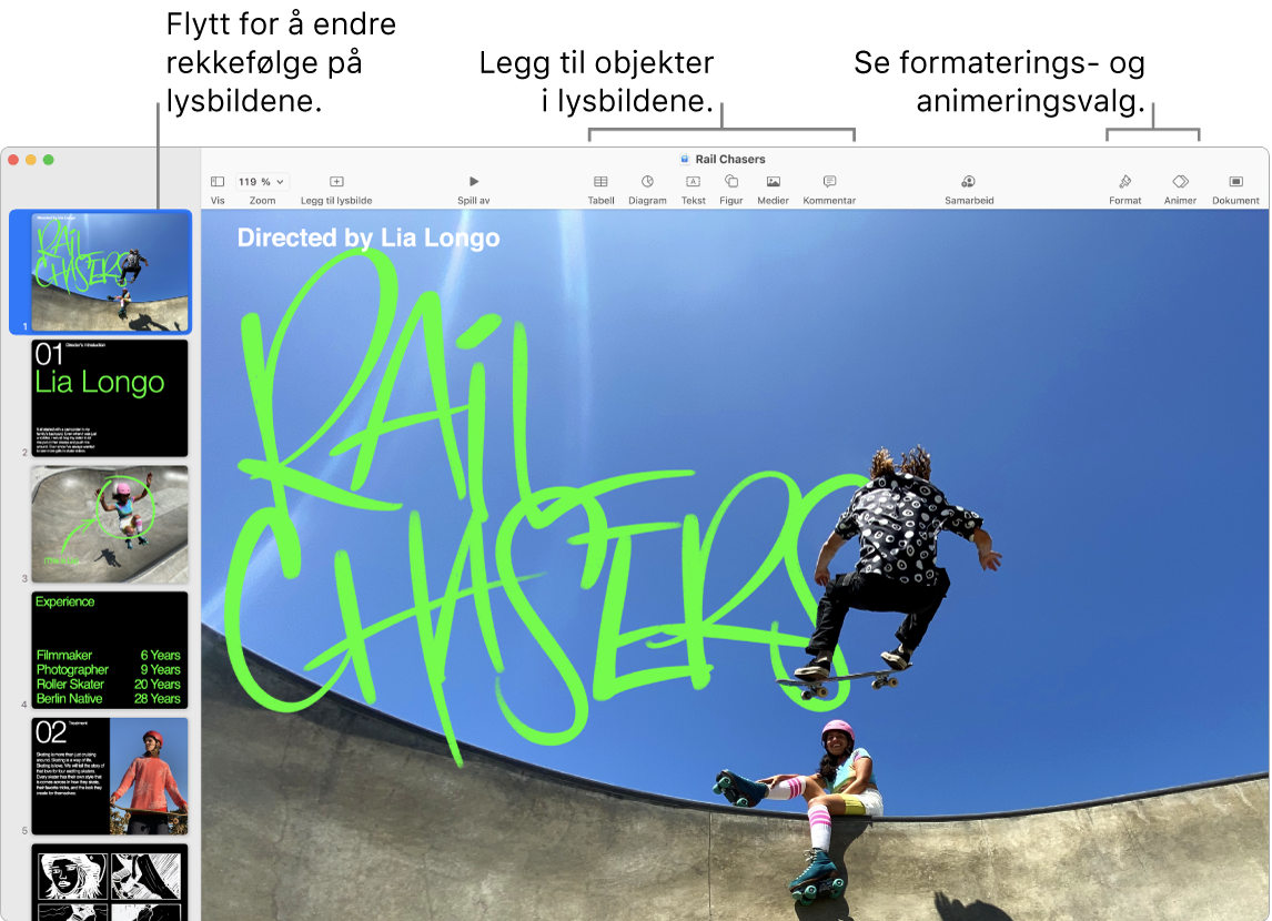Et Keynote-vindu med lysbildenavigering til venstre og hvordan man endrer rekkefølgen på lysbilder, verktøylinjen og redigeringsverktøyene øverst, Samarbeid-knappen oppe til høyre, og knappene Format og Animer helt til høyre.