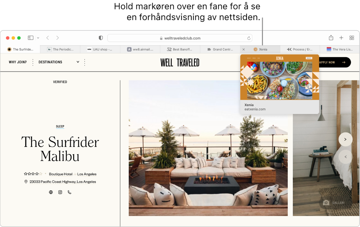 Et Safari-vindu med en aktiv nettside med navn Well Traveled samt 9 ytterligere faner, og en bildeforklaring til en forhåndsvisning av fanen «Xenia» med teksten «Hold markøren over en fane for å vise en forhåndsvisning av nettsiden».