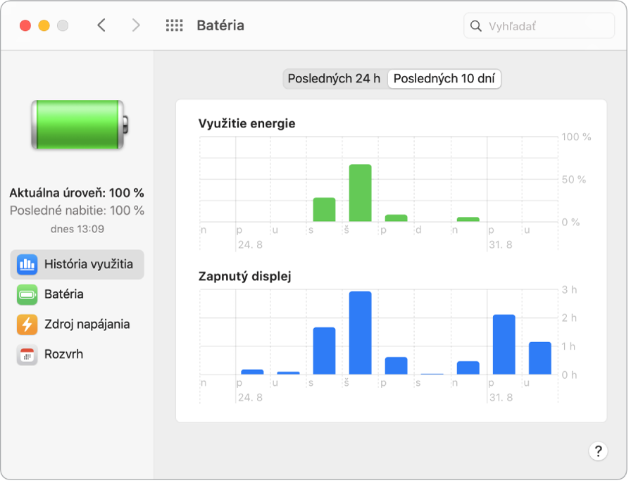 Okno História používania batérie s vybratou možnosťou Posledných 10 dní.