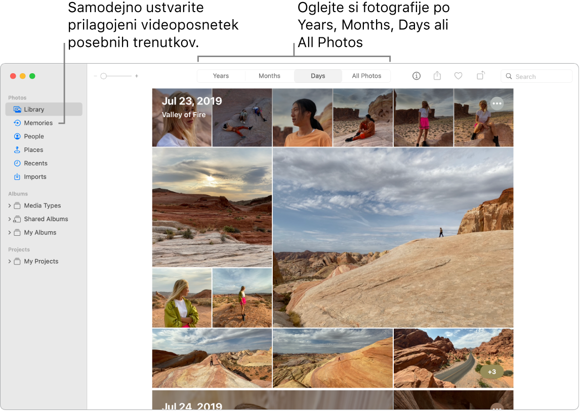 Okno aplikacije Photos, v katerem je v levi stranski vrstici prikazana funkcija Memories, na vrhu okna aplikacije Photos pa je pojavni meni, v katerem si lahko ogledate fotografije v svojem albumu po dnevu, mesecu ali letu.