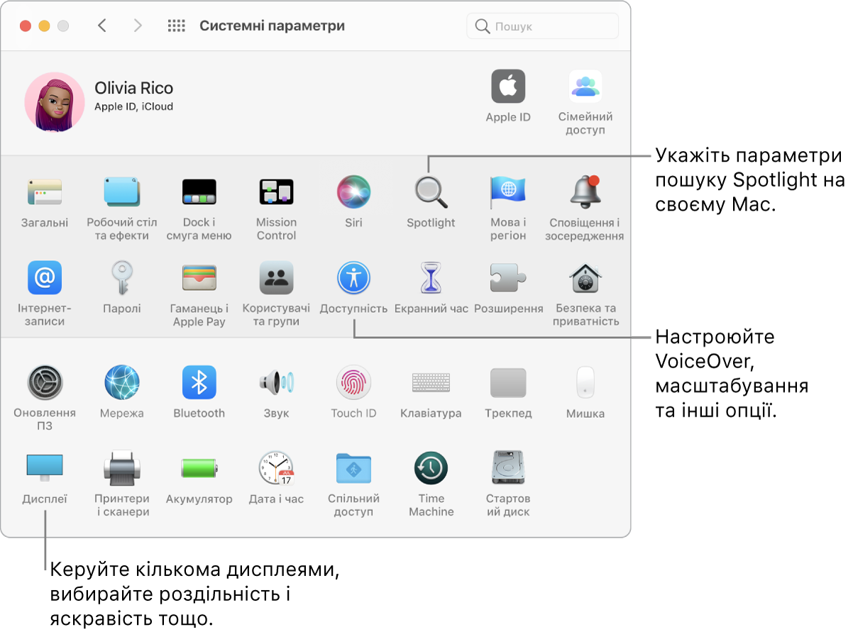 Вікно системних налаштувань із виносками до налаштувань Spotlight, доступності та дисплеїв.