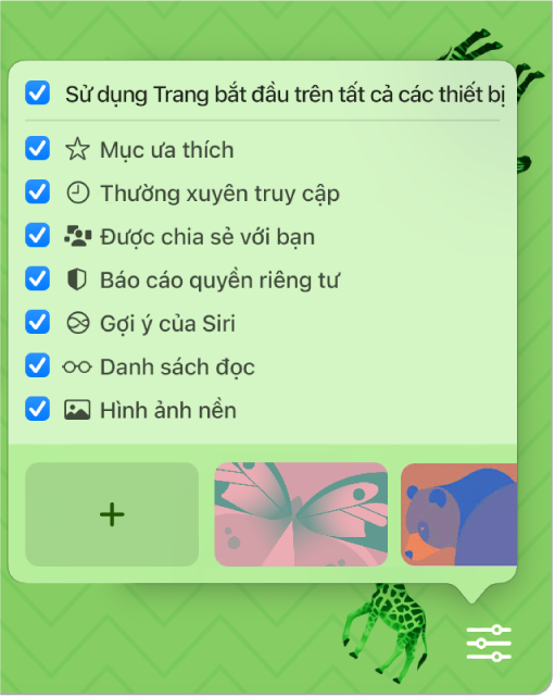 Menu bật lên Tùy chỉnh Safari với các hộp kiểm cho Mục ưa thích, Thường xuyên truy cập, Báo cáo quyền riêng tư, Gợi ý của Siri, Danh sách đọc và Hình ảnh nền.