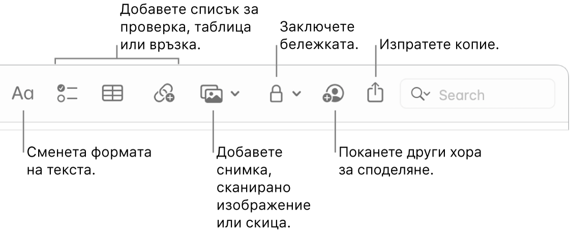 Лентата с инструменти на Notes (Бележки) с надписи за инструментите за формат на текста, списък за проверка, таблица, връзка, снимки/носители, заключване, споделяне и изпращане на на копие.