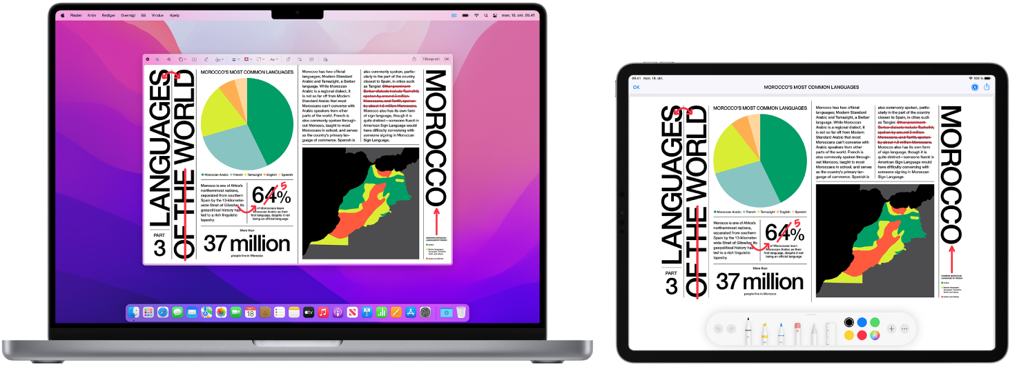 En MacBook Pro og en iPad står ved siden af hinanden. Begge skærme viser en artikel dækket af håndskrevne røde redigeringer, f.eks. overstregede sætninger, pile og tilføjede ord. iPad har også markeringsmuligheder nederst på skærmen.