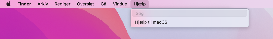 En del af et skrivebord med en åben Hjælpemenu, der viser menukommandoer som Søg og macOS-hjælp.