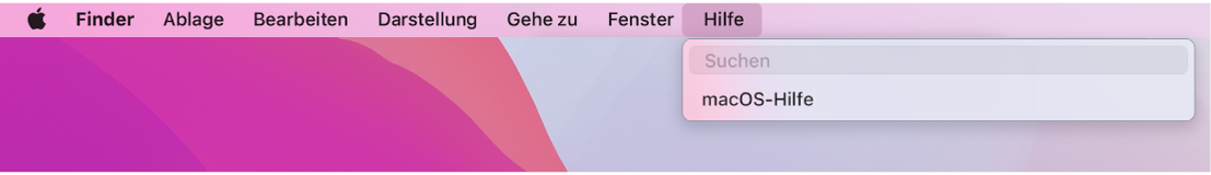 Ein Ausschnitt des Schreibtisch mit dem geöffneten Menü „Hilfe“, in dem die Menüoptionen „Suchen“ und „macOS-Hilfe“ zu sehen sind.