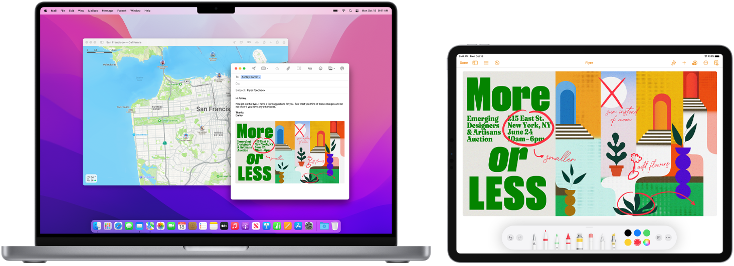 A MacBook Pro and iPad are shown next to each other. The iPad screen shows a flyer with annotations. The display used by the MacBook Pro has a Mail message with the annotated flyer from the iPad as an attachment.