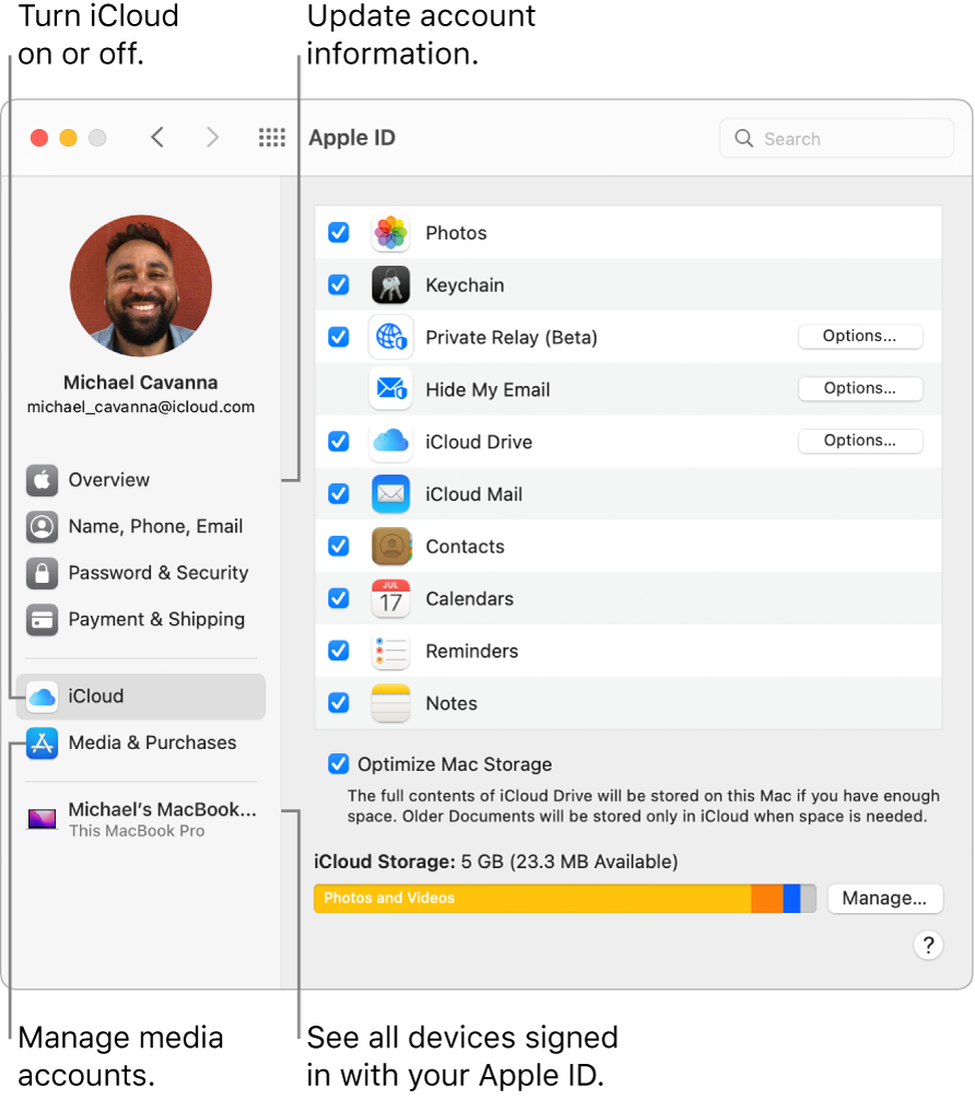 The Apple ID pane in System Preferences. Click an item in the sidebar to update your account information, turn iCloud on or off, manage media accounts, or see all devices signed in with your Apple ID.